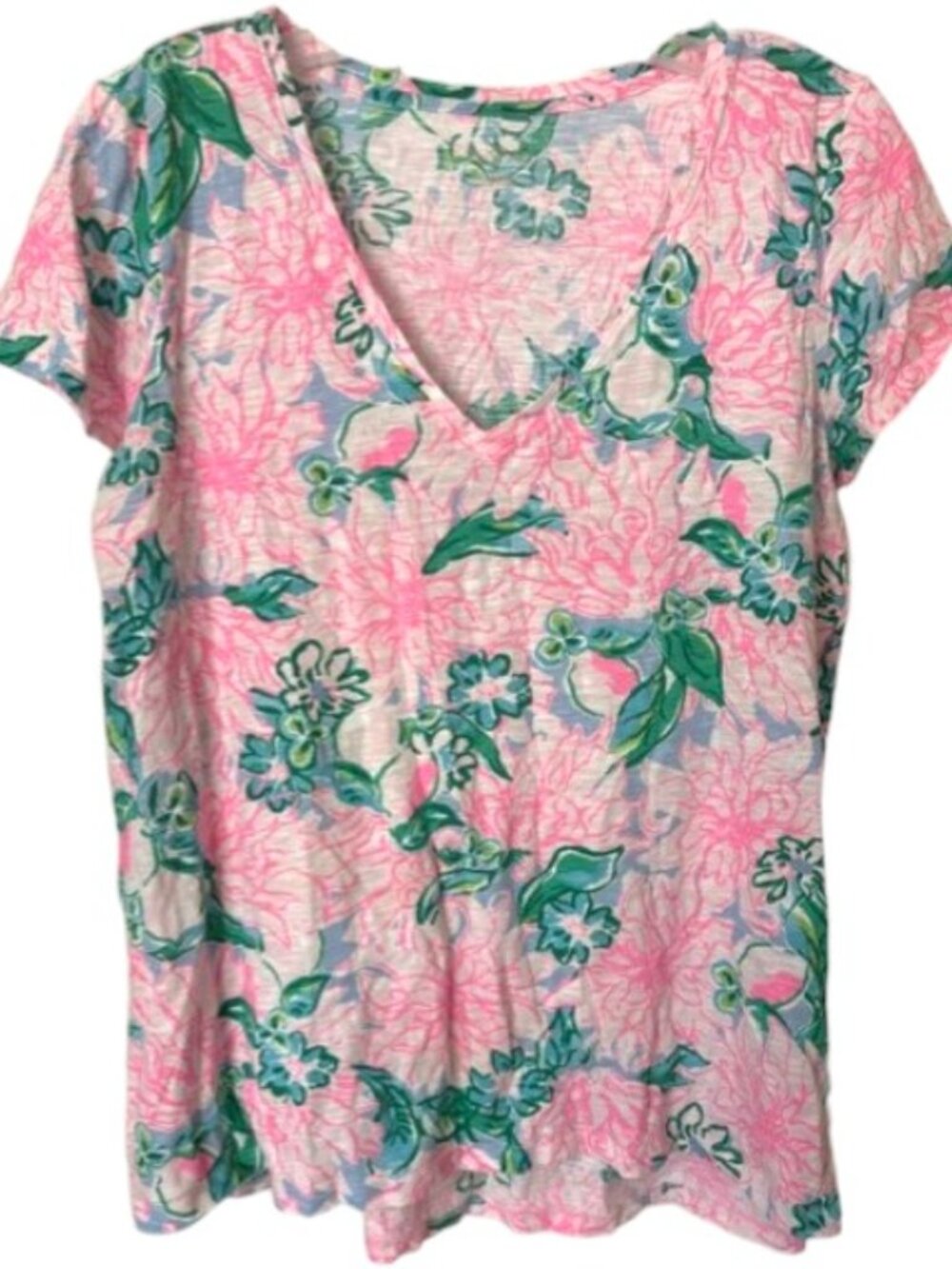 Lilly Pulitzer Etta V-Neck Cotton Short Sleeve Tops (2) - Pink/Green/Blue - M
